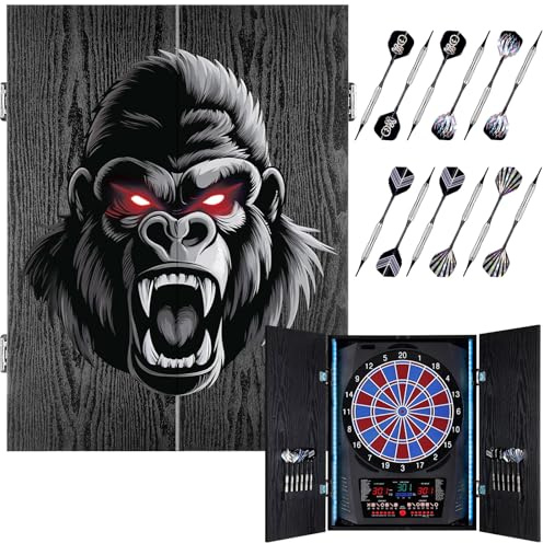 Yirinatek Elektronische Dartscheibe mit Rustikalen Holz-Schrank [12 Bronze Soft-Tip Pfeile], 8-Farben LED für 8 Spieler, Dart Scheibe Profi für Zuhause & Bar [Gorilla]