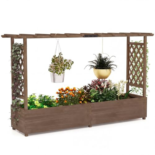 COSTWAY Blumenkasten mit Rankgitter & hängendem Dach, Pflanzkasten mit Rankhilfe, Hochbeet für Kletterpflanzen & hängende Körbe, für Hof Garten Terrasse, Pflanzkübel Holz, Braun (200x44x114cm)