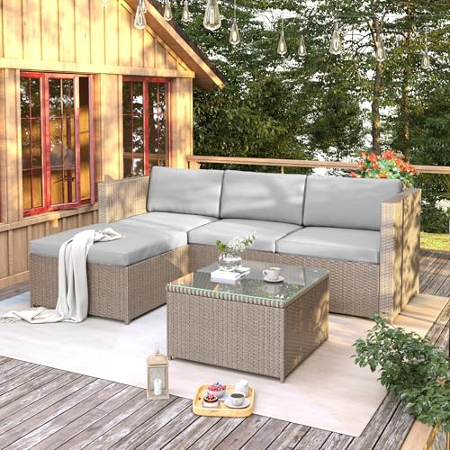 BTM Polyrattan Lounge-Sofagarnitur, Lounge-Gartenmöbel, Ecksofa, Couchgarnitur mit Sitz- und Rückenkissen, mit Glasplatte, Khaki