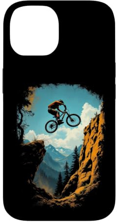 Hülle für iPhone 14 Dynamischer Mountainbiker springt über Klippe