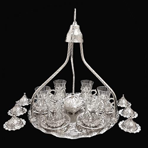 Service à thé ou café pour 6 de style turc ottoman en laiton argenté avec soucoupes, tasses, plateau