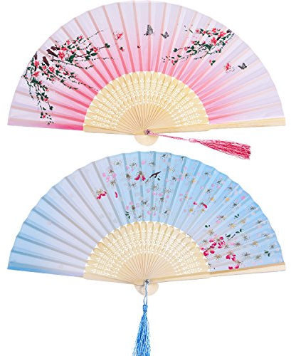 2-Piece Bamboo Fans with Tassel - Women's Hollowed Bamboo Hand Fans for Wall Decoration, Gifts (Pink Peach Blossom & Blue Cherry Pattern)