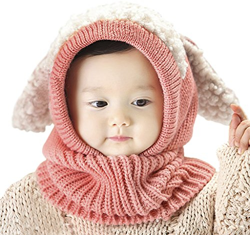 Winter Baby Mütze Schal Set, Unisex Strickmütze Schalmütze Wintermütze Cartoons Tier Welpe Hüte Warme Verdicken Earflap Kappe Haube Kapuze Schal für Jungen Mädchen 6-48 Monate