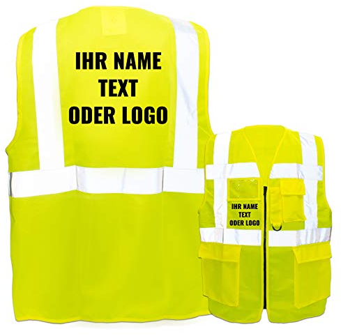 Warnweste mit Reißverschluss und Taschen * Druck auf Rücken + Front/Standard-Druck * Farbe & Größe: Gelb/Größe S * Aufdruck selbst gestalten * Bedruckt mit Design Foto Text Logo
