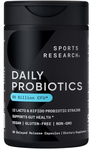 Sports Research Daily Probiotics with Prebiotics, 60 Billion CFU - Vegan Capsules for Gut Health & Digestive Support, Probiotics for Women & Men - Non-GMO Verified & Gluten Free - 30 Count