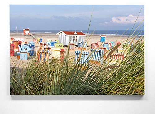 Atemberaubendes Nordsee Panorama Leinwand-Bild 120x80cm, Motiv Strand-Körbe Borkum. Ein einzigartiges XXL Wandbild als Deko für Wohnzimmer, Schlafzimmer, Küche. Aufgespannt auf Holzrahmen