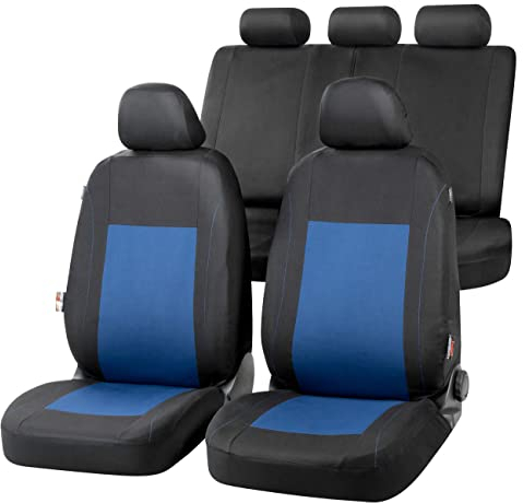Walser Auto-Sitzbezug Sandray Komplettset, Universal PKW-Sitzbezüge 4-teilig, Auto-Schonbezüge, 2 Vordersitzbezüge, 1 Rücksitzbezug blau-schwarz
