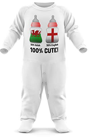 Purple Print House Baby 50% Welsh 50% English 100% Cute Romper Suit - Funny Birthday Cute Football Rugby Gifts for Baby - Wales England Falg Romper, White, 0-3 Months