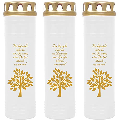 HS Candle Grabkerze Grablicht - 3er Pack - mit Motiv (Baum Gold) - ca 170h / 7 Tage Brenndauer je Kerze (26cm, Ø 7cm) - viele versch. Designs