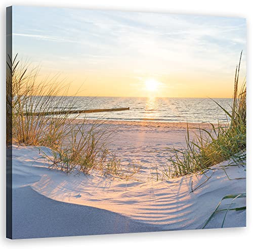 Feeby Wanddeko Gras Sonnenuntergang Steg zum Strand 50x50 cm Leinwandbild Kunstdruck Ostsee Nordsee Beige