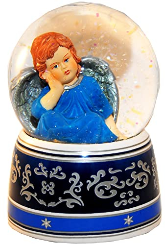 20030 Schneekugel mit Musik Nostalgie Engel blau mit Ornament Sockel aus Porzellan mit Musik-Spieluhr Wassermusik Durchmesser 100mm