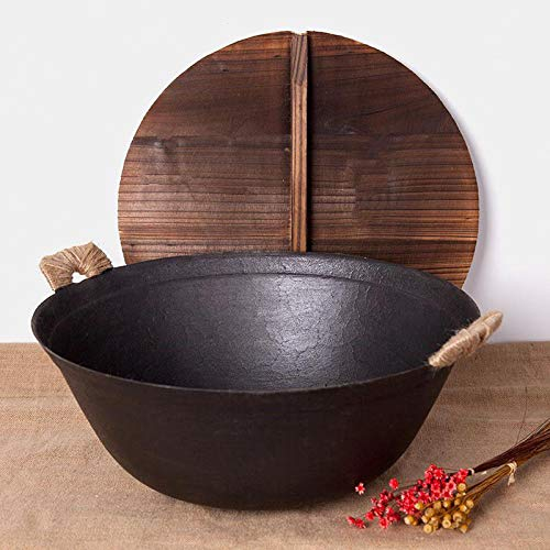 KDOQ Pentola Wok in Ghisa Pentola in Ferro Grande a Doppio Orecchio per Uso Domestico Vaso Multiuso da 40 cm con Fondo Rotondo Vecchio Stile, 40 cm