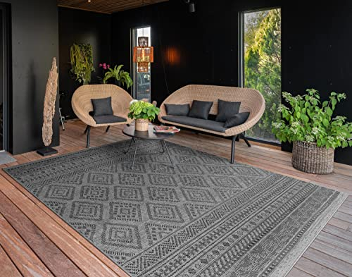 Paco Home Outdoor Teppich Flachgewebe Modern Boho-Style wetterfest & UV-beständig Ideal für Terrasse Balkon Wohnzimmer & Küche, Grösse:160x220 cm, Farbe:Anthrazit