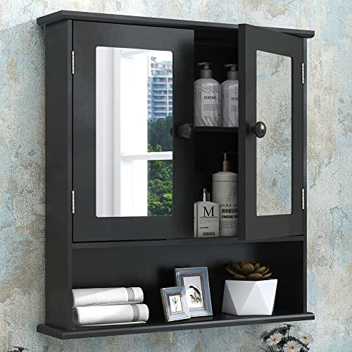 TaoHFE Black Medicine Cabinet, Medicine Cabinets with Mirror - 2 Doors, 3 Open Shelves - Wall Mounted Wooden Bathroom Storage Cabinet Over Toilet or Laundry/Kitchen