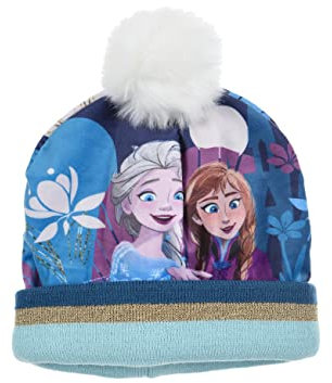 Sun City Frozen - Die Eiskönigin ELSA Anna Kinder Mädchen Winter-Mütze Bommelmütze, Farbe:Blau, Größe:52