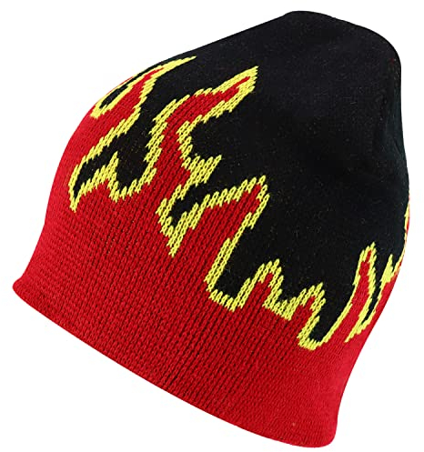 Armycrew 100% Acryl Feuerflamme Muster Kurze Strickmütze Beanie Mütze, Schwarz Rot, Einheitsgröße