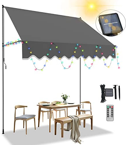 Joparri Klemmmarkise 200x120cm Grau mit Handkurbel ohne Bohren, 2 in 1 Balkonmarkise mit 5M Bunt Solar Lichterkette, UV-beständig & höhenverstellbar 211.5-305cm, Sonnenschutz wasserdicht