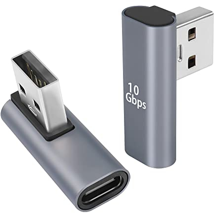QIANRENON 90° Winkel USB C auf USB Adapter 10Gbps USB 3.1 Stecker auf USB C Buchse Linke Winkel L-förmig Anschluss, Al-Legierung, FürAudio/Video Übertragung, 2Pcs (Linke Winkel vertikale Biegung)