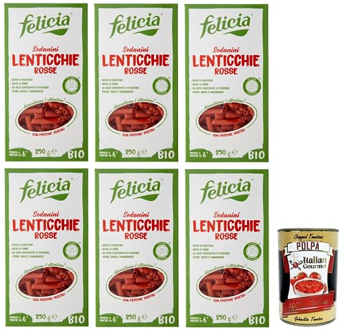 Italian Gourmet Sedanini di Lenticchie Rosse Pasta 6 x 250g glutenfrei | Bio, 100% legumi, aus italienischer Lieferkette, natürlich ohne Weizen für, Gesamtnettogewicht 1,5 kg + Kostenlos Polpa 400g