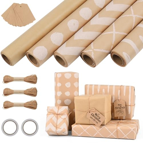 GuKKK Papier Cadeau 43cm x 3M, 5 Rouleaux De Papier d'emballage Cadeau et 3 Rouleaux de Ruban, Papier Cadeau Rouleau Anniversaire, pour Anniversaire, Noël, Vacances, Mariage, Cadeau de Naissance