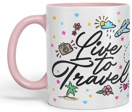 Vixar I Love Travel Live to Travel Coloured Ceramic Mug Cup Gift 330ml 11oz Work Office Tea Coffee Gift Traveler (Pink)