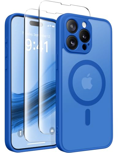 CAPRARO Magnetische für iPhone 15 Pro Max Hülle,[Kompatibel mit MagSafe] [Vollständiger Schutz der Kamera] Stoßfester Schutz Schlank Durchscheinende Matte iPhone 15 Pro Max Hülle,Klein Blau