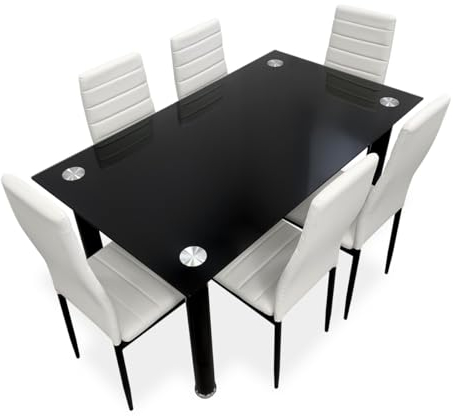 Homey Mesa de Cristal de Comedor o Cocina con Patas Modelo Döme + 6 Sillas Color, Acero aleado, Blanco-Negro, 140 cm (Largo) x 80 cm (Ancho) x 74 cm (Alto)