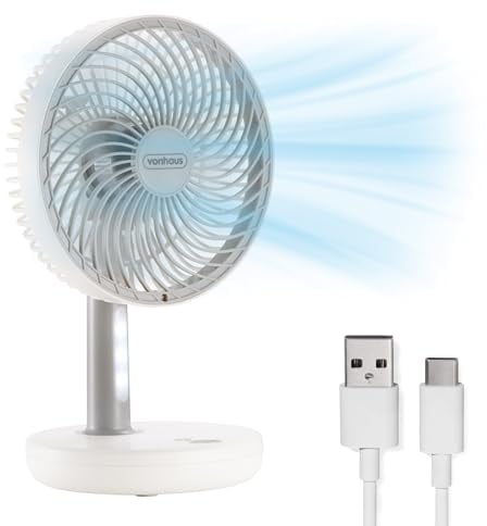 VonHaus Desk Fan 6 – Portable, Lightweight, Cordless, USB Rechargeable, 3 Speeds, 45° Tilt, LED Light, Quiet Operation – Cooling Fan Ideal for Table, Home, Office, Travel, Living Room, Bedroom
