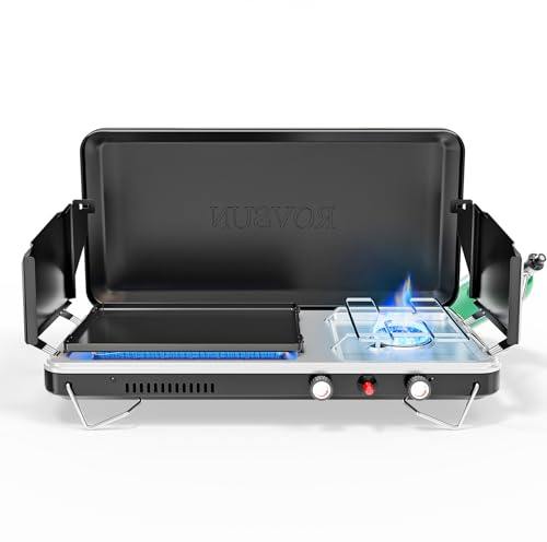 ROVSUN 2-in-1 tragbarer Campingkocher & Propangasgrill mit Emaille-Grillplatte & Piezozünder, Tischcamp-Kocher mit eingebautem Griff, Windpanel & Regler für Camping, Heckklappe, Grillen (Schwarz)
