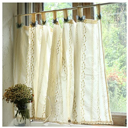 Scheibengardine Landhausstil Baumwolle Bestickte Bistrogardine Schmetterling Schlaufen Vorhang, Halbtransparent Küche Fenstergardinen, Flur Kurzvorhang (Color : Beige, Size : WxH 135x220cm/53x87in)