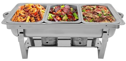 Chauffe-plats en acier inoxydable - 9 l - 3 grilles - Récipient de maintien au chaud - Récipient chauffant avec couvercle - Pour traiteur, buffet et fête