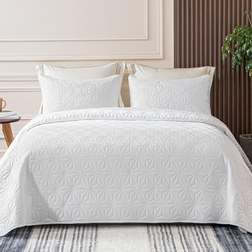 Whale Flotilla Tagesdecke Bettüberwurf 220x240 cm mit 2 Kissenbezüge | Weiche und Leichte Steppdecke, Bedspread mit Geometrischem Muster, für 4 Jahreszeiten, Weiß