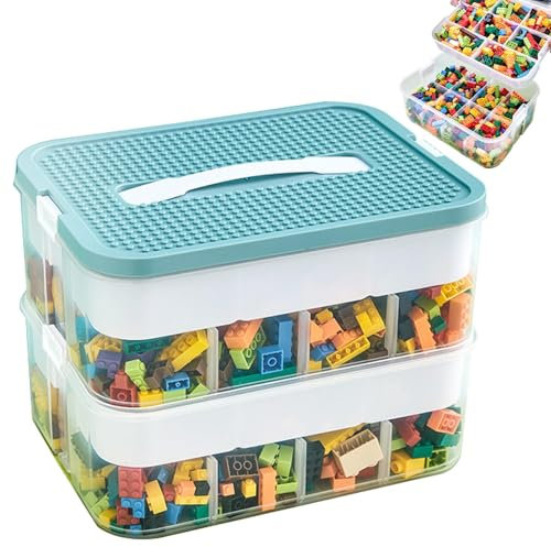 Contenedores de almacenamiento de bloques de construcción de 2 capas | Contenedores de juguetes con diseño de compartimentos | Contenedores versátiles | Caja de juguetes con tapa con placa de b