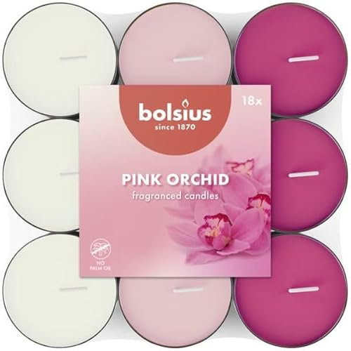 Bolsius - 18 Scented tealights - Pink Orchid - Burning time of 3.5 Hours - Diameter 38 mm - Natural extracts - Contains Vegan Wax - No Palm Oil