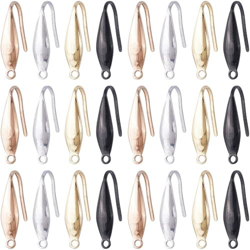 SUNNYCLUE 1 Box 80Pcs 4 Colors Tear Drop Earring Hooks Ear Wire Hook Bulk Metal 316 Surgical Stainless Steel Silver Rose Gold Black Wide French Hook with Loop for Jewellery Making DIY Craft Supplies