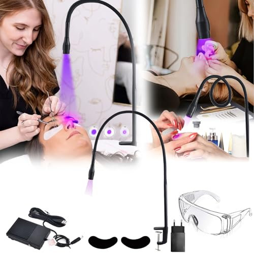 Lampada UV 5W Per Ciglia Con Interruttore a Pedale, Luce UV Per Fotopolimerizzazione Con Dimensione Spot Regolabile, Collo Cigno Con Adesivi Ciglia e Occhiali Protezione