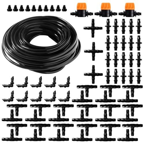 VooGenzek 77 Stücke 4/6 mm Bewässerung Kit, 15m Bewässerungsschlauch, DIY Garten Bewässerungssystem, mit Durchgangsverbinder, T-Verbindungsstück, Schlauchendstopfen, für Terrasse