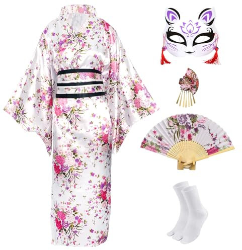 CRFASIBE 5 Pièces Kimono Robe Longue pour Femme, Kimono Japonais Peignoir Imprimé Sakura, Japonaise Cosplay Yukata Set de Costume avec Accessoires(Blanc)