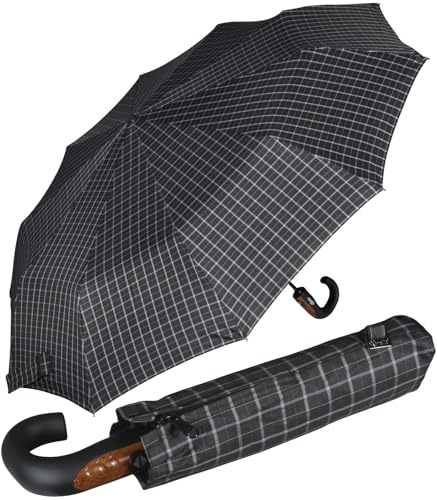 iX-brella Herren-Taschenschirm 10 Streben schwarz, mit Auf-Zu-Automatik und Rundhakengriff mit Holzoptik - check black