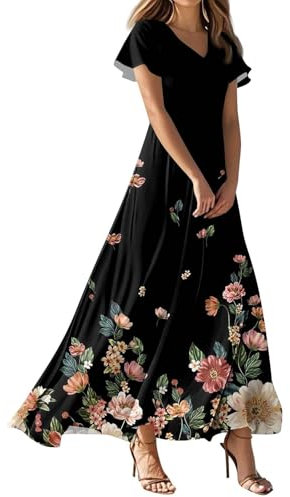 Chanpning Damen Sommerkleid Lässig Sommer Boho Kleid Elegant Blumendruck Maxikleid Kurzarm Blumenkleid Casual Kleider V-Ausschnitt Freizeitkleid Lockeres Sommerkleider Damenkleider
