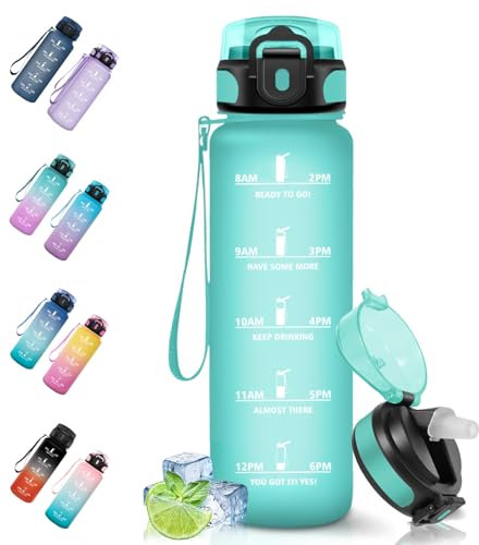 Motswedi Botella Agua, 1000ml Sin BPA, Botella Agua Gimnasio con Pajita, Reutilizable, Botella de Agua, a Prueba de Fugas, Cantimplora, Botella Gimnasio para Gym, Escuela, Yoga, Camping, Azul Verde