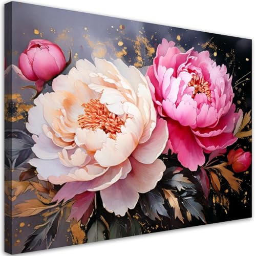 Feeby Bild auf Leinwand - Wandbilder Wohnzimmer Aesthetic - Pfingstrosen Rosa Blumen - 90x60 1tlg - Schlafzimmer Wandekoration - Bilder Zimmer - Living Room - Deko Wandbilder - Moderne Bild