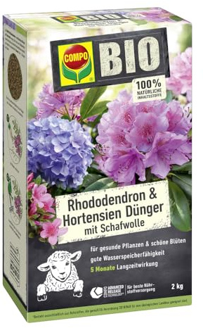 Compo Bio Rhododendron- und Hortensien Langzeit-Dünger mit Schafwolle, 2kg | Granulat, Natürliche Langzeitwirkung, fördert Blütenbildung