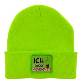 Muffel – Freche Strickmütze „ICH HASSE MENSCHEN“ | Beanie Neon Grün | Lustiger Spruch für Festtagsmuffel | Unisex Damen & Herren | Warm, Weich & Angenehm | One Size | Wintermütze mit Aufnäher