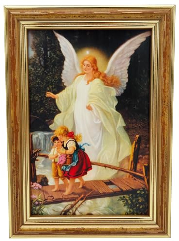 Lunexus Schutzengel Wandbild 17x12 cm - Engel über Kinder Brücke, gesegnet | Gesegnet mit Zertifikat - Massivholzrahmen Gold, Echtglas - Engel über Kinder Brücke - Kinderzimmer - Taufe, Geburt, Paten