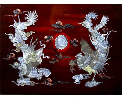 Art Saigon Gemälde aus Holz, lackiert und Perlmutt, Drache und Phönix, 30 x 20 cm, handgefertigt, Wandpaneel, Dekoration, asiatischer Stil, Vietnam (S61-9540)