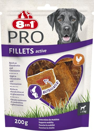 8in1 Pro Fillets Active - Hunde-Snack mit Hähnchen, funktionale Leckerlis für ausgewachsene Hunde, mit Chondroitin und Glucosamin für gesunde Knochen und Gelenke, 200g Beutel