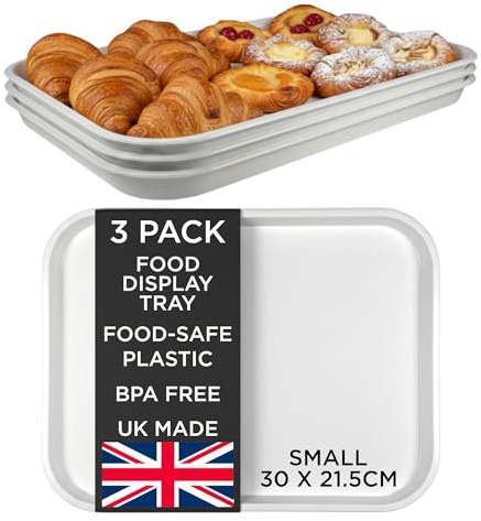 Chabrias Ltd 3 Pack White Plastic Food Display Trays - Made in UK - 31×24cm - BPA-Free Food-Grade Butcher Meat Display Trays for Delis, Cafés, Bakeries & Catering Counters (3, Small 31 x 24cm)