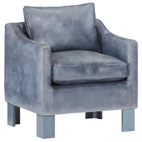 Runheo Sessel Grau Echtleder, Clubsessel aus Ziegenleder, 63x55x60cm, Massivholzbeine, Bequeme Sitzgelegenheit für Wohnzimmer, Schlafzimmer, Leseecke