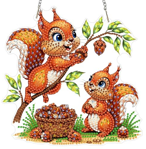 MAXBYE Eichhörnchen Diamond Painting Anhänger, Diamond Painting Fensterbilder Erwachsene mit Kette, DIY Diamant Gem Art Hanging Both Sides Hängende Ornament Für Fenster Wand Decor 20x20cm